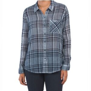 Lucky Brand Blue Plaid Yarn Dyed Cotton Gauze Button-Up Shirt